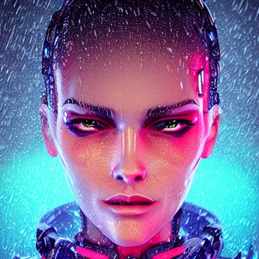 Image similar to stylish cartoon portrait made out of rain, cyberpunk background, rendered in octane, unreal engine, highly detailed, trending on artstation, realistic, splashes of neon, beautiful, volumetric lighting, depth of field, glowing eyes