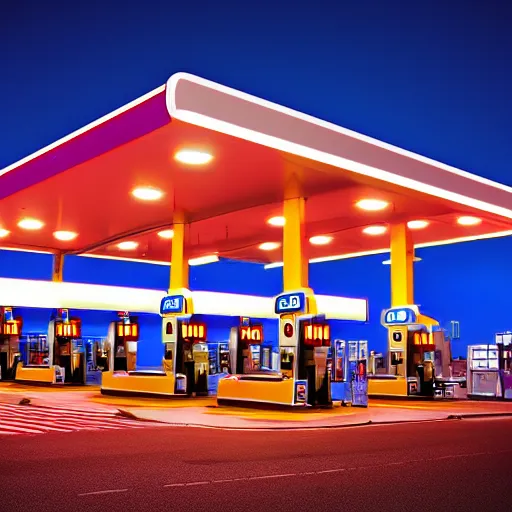 Image similar to a gas station at nighttime, screenshot, extreme long shot, cold lighting, Vaporware style