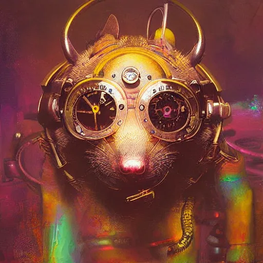 Image similar to steampunk rat, acid, 303, psychedelic, by ruan jia