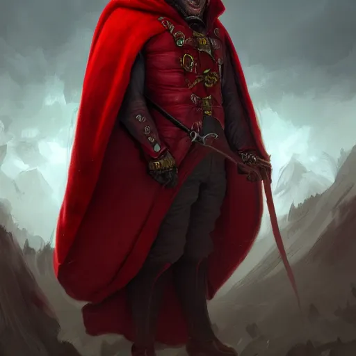 Image similar to painting of a wicked cool baron in a red cloak, fantasy, artstation, cgsociety, ultra high detail, stylized