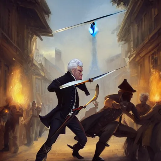 Image similar to a french gentleman with white hair with a rapier in a duel with a rogue blackman in the streets of a fantasy paris in french revolution, symmetric face, hyperrealism, epic fantasy digital art, fantasy style art, by Greg Rutkowski, fantasy hearthstone card art style