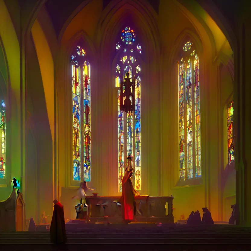 Image similar to curch with chapel, colorful windows, glory light, digital painting, concept art, greg rutkowski, artstation, cinematic, matte painting