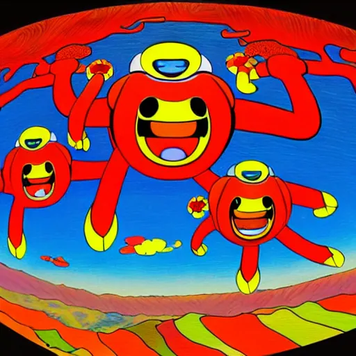 Prompt: Three bright red demons flying up from a desert canyon in the style of Takashi Murakami, highly detailed