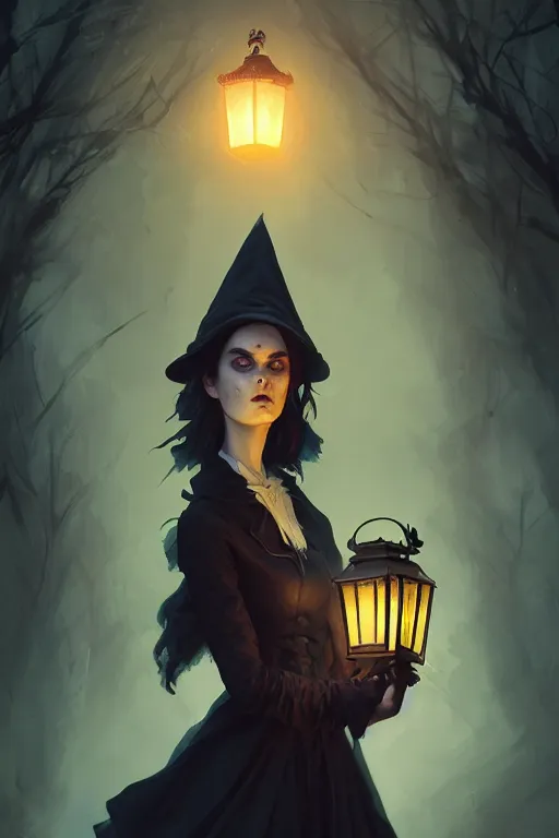 Image similar to portrait of a ghoulish victorian witch dark cheekbones holding a lantern, halloween night, charlie bowater, artgerm, ilya kuvshinov, krenz cushart, ruan jia, realism, ultra detailed, 8 k resolution