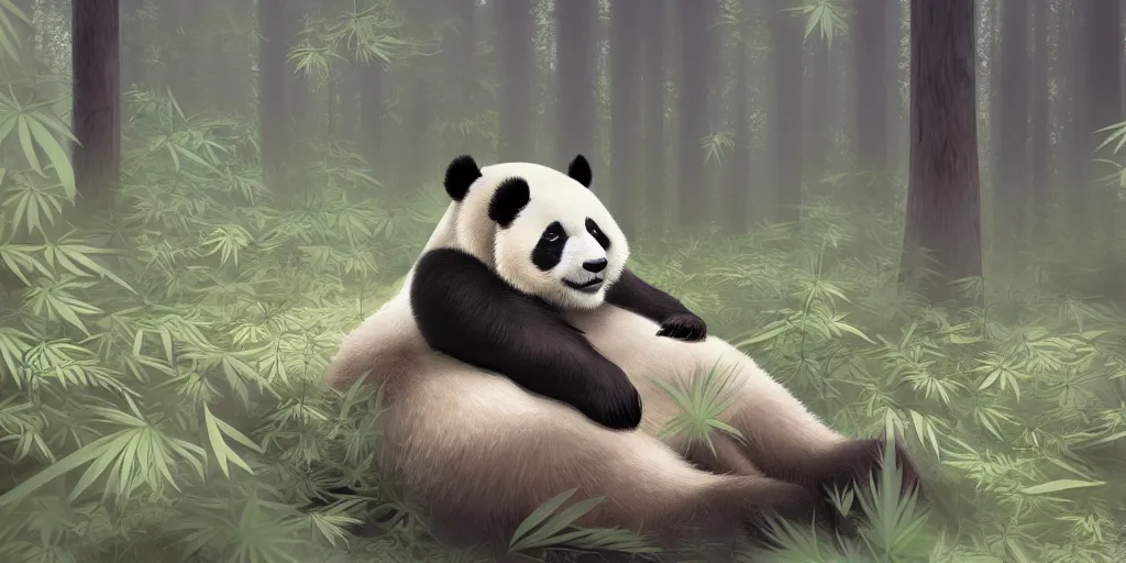 Image similar to beautiful aesthetic digital illustration of a relaxed panda surrounded by an endless forest of weed wlop and Julia Razumova, realistic, photorealistic, hyperrealistic, unreal engine, octane, deviantArt, trending on artstation, artstation HQ