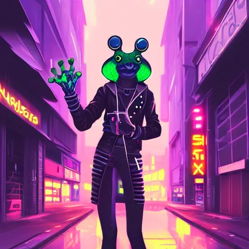 Image similar to beautiful furry digital art portrait commission of an androgynous furry anthro frog fursona wearing punk clothes in the streets of a cyberpunk city. neon signs. character design by charlie bowater, ross tran, artgerm, and makoto shinkai