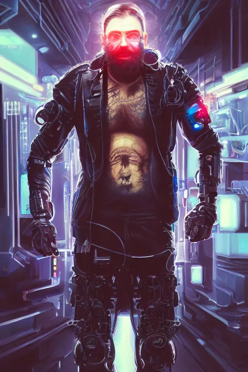 Image similar to a full body illustration of an male cyberpunk character wearing bionic implants, criminal mugshot, long hair, bearded, highly detailed, oil on canvas, soft lighting, neon pastel colors, by WLOP and Greg Staples, HD, 4K