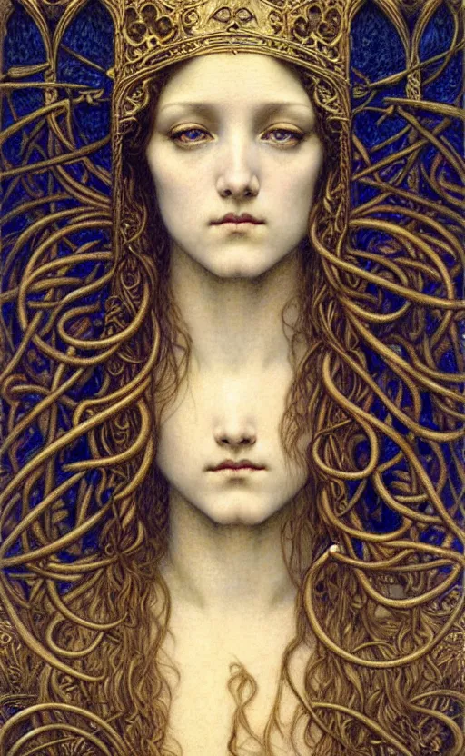 Image similar to detailed realistic beautiful young medieval queen face portrait by jean delville, gustave dore and marco mazzoni, art nouveau, symbolist, visionary, gothic, pre - raphaelite. horizontal symmetry