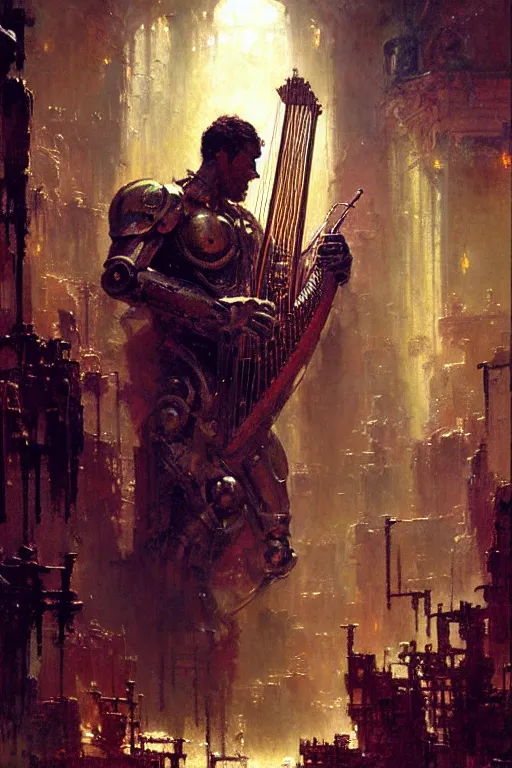 Image similar to modern looking robot man holding a fantasy harp in a grimy dungeon portrait dnd, painting by gaston bussiere, craig mullins, greg rutkowski, yoji shinkawa