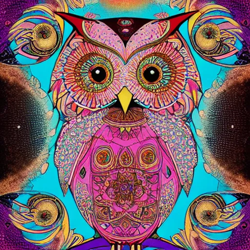 Prompt: owl, mandala, pink, blue, beautiful, by Alphons Mucha