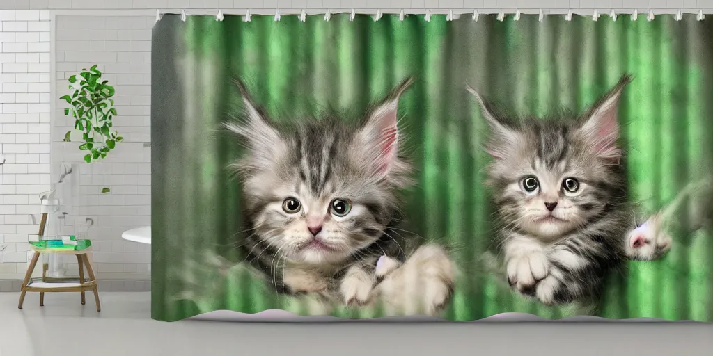 Prompt: a ( ( ( ( ( main coon kitten ) ) ) ) ) baby yoda themed shower curtain, shower curtain. product photography. product lighting. digital art. 4 k, highly detailed. saturated. baby yoda themed shower curtain.