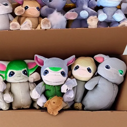 Prompt: An open cardboard Amazon box full of baby Yoda plushies