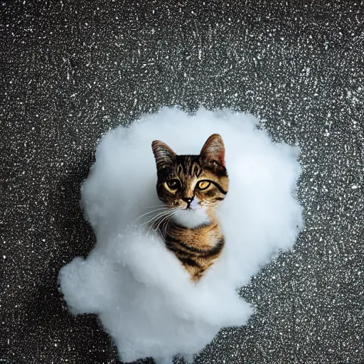 Image similar to a photo of a cat in a cloud of glitter, mica, calcium sodium borosilicate, f 1. 4