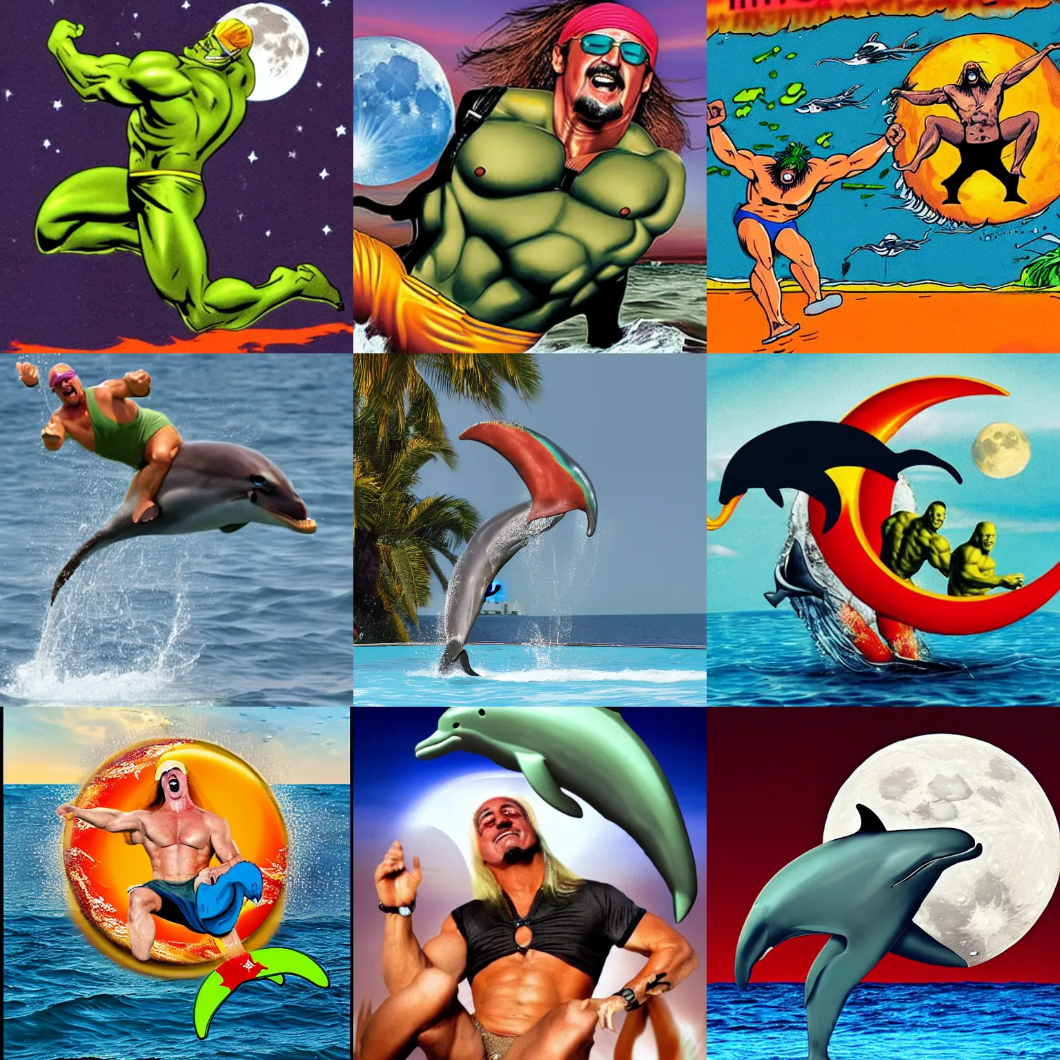 Prompt: Hulk Hogan riding a dolphin over the moon