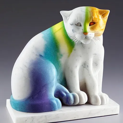 Prompt: a marble dog and cat rain statue rainbow