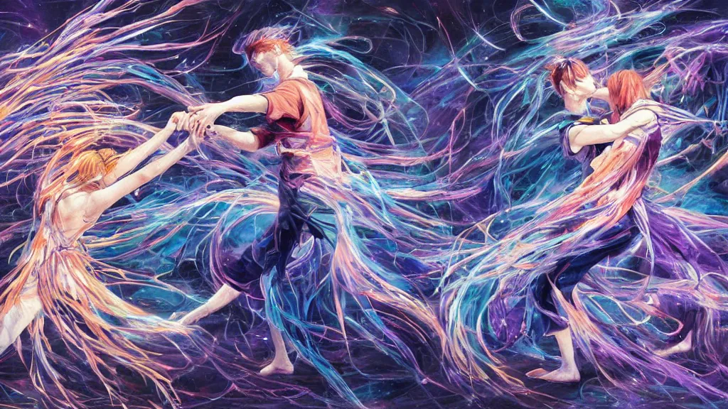 Prompt: a detailed painting of two people dancing togheter inspired by yoshitaka amano enveloped in trails of colorful animal ghosts floating around them. clean painting, realistic and auora lighting. dark blue and intense purple color palette, art by kuvshinov ilya, 8 k