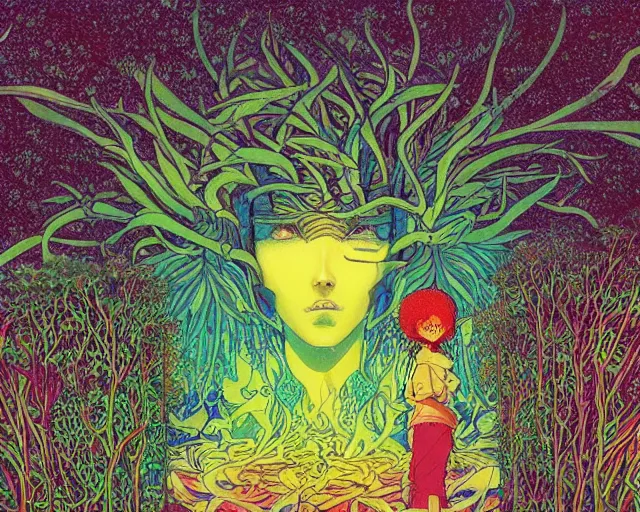 Prompt: A beautiful composition of a psychedelic glowing spirit animal psychonaut floating above a hedge maze, DMT, rich details full of texture, realistic eyes, artwork by Satoshi Kon and Yoshitaka Amano and Moebius