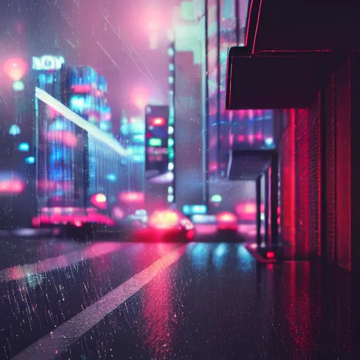 Image similar to digital painting of a futuristic neon city rainy sharp photorealistic octane render, bokeh in the background only