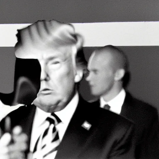 Prompt: A old and very blurry ominous screen footage of Donald Trump with an alien, blurry photo