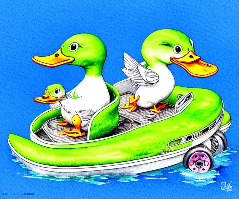 Image similar to cute and funny, duck riding in a tiny amphibious boat with wheels, ratfink style by ed roth, centered award winning watercolor pen illustration, isometric illustration by chihiro iwasaki, edited by craola, tiny details by artgerm and watercolor girl, symmetrically isometrically centered