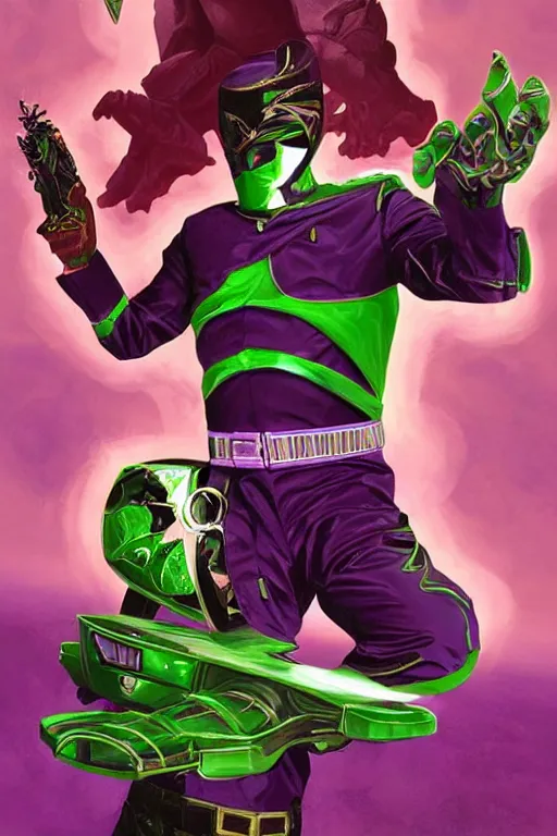 Image similar to portrait of johnny cash as purple green ranger from power rangers riding on guitar zord ufo hoverboard, intricate, highly detailed, smooth, artstation, digital illustration by Ruan Jia and Mandy Jurgens and Artgerm and Wayne Barlowe and Greg Rutkowski and Zdislav Beksinski