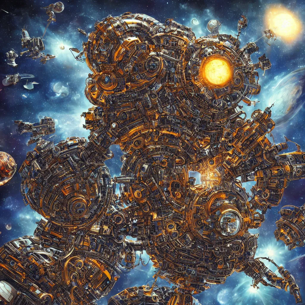 Prompt: mechanical humanoid alien god attacking planets in space, art by mark cooper, 8 k, hyper detailed, hdr, intricate, masterpiece, in the style of mark cooper