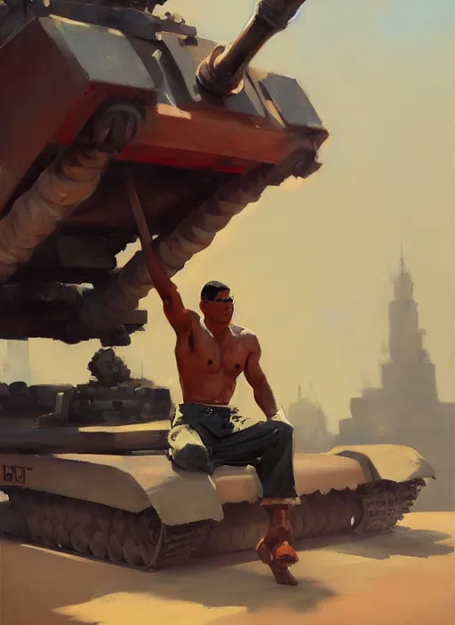 Image similar to greg manchess side portrait of a filipino boxer sitting on a tank holding a mace, organic painting, sunny day, matte painting, bold shapes, hard edges, street art, trending on artstation, by huang guangjian, gil elvgren, ruan jia, randy vargas, greg rutkowski