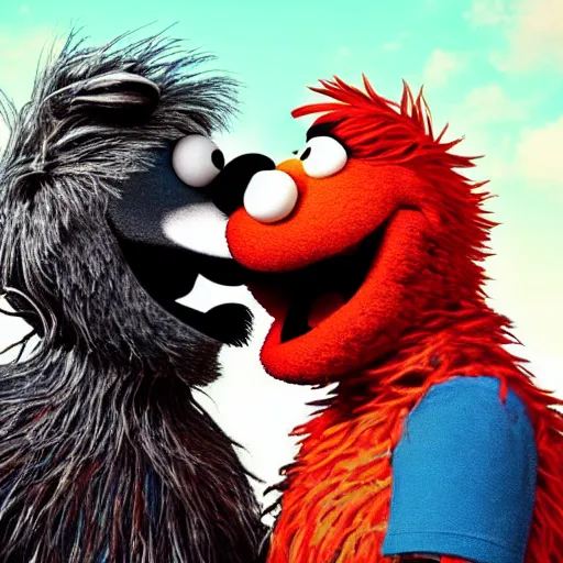 Image similar to a still of bert and elmo sharing a kiss, muppet character looking very manly and modern, hilarious, laughing, hairy chest, huge chin, manly monster tough guy, roughled fur, photo real, photographic, photograph, artstation, trending, featured