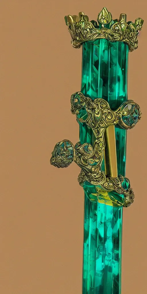 Image similar to photograph of a wide green and teal crystal sword with a big gold sword hilt