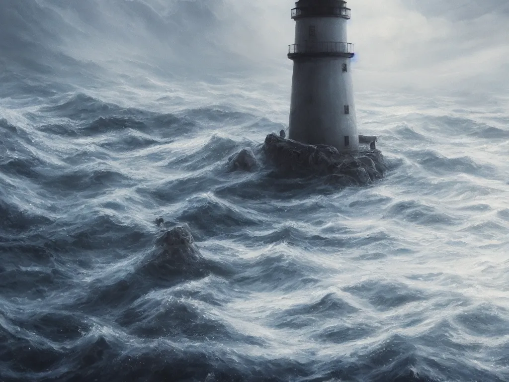 Image similar to a beautifuly ultradetailed painting of a lighthouse in a sea of black water with eldritch terrors crawling up from the water, icy mist, morning shot, raphael lacoste, makoto shinkai, 4 k, trending on artstation, aerial photography, ultrawide lens : 2, dof : - 1, blur : - 1