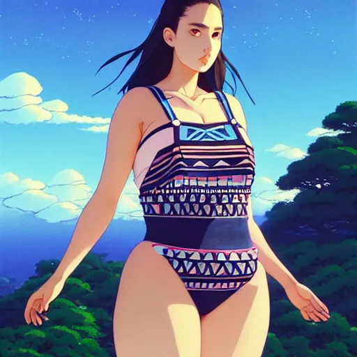 Image similar to a beautiful plus sized model japanese natalie portman, alluring plus sized model, wearing mayan leotard with overalls, street fashion hip hop style with mayan patterns, aztec street fashion, gapmoe yandere grimdark, trending on pixiv fanbox, painted by greg rutkowski makoto shinkai takashi takeuchi studio ghibli, akihiko yoshida