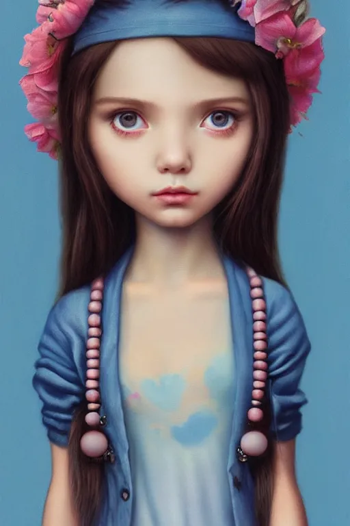 Image similar to matte sharp painting cute little girl hippy denim bellbottom bead necklace, painted by mark ryden, artgerm, artstation behance storybook l
