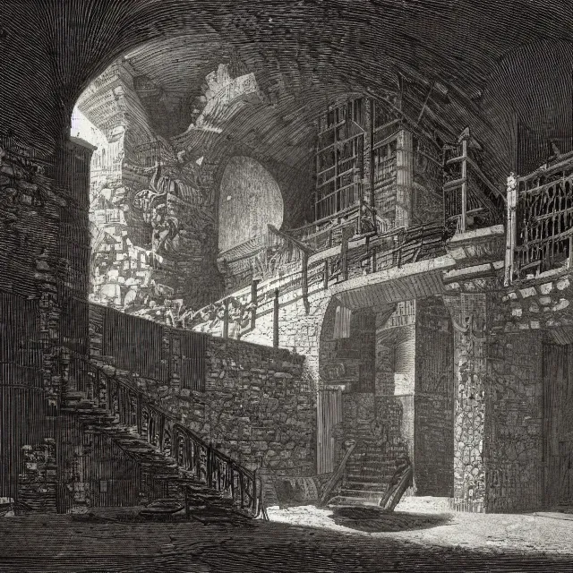 Prompt: an isometric etching of a medieval dungeon, carceri d'invenzione, by giovanni battista piranesi, volumetric lighting, isometric
