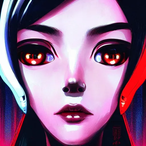 Image similar to A beautiful cyborg woman with big and cute eyes || VERY ANIME, fine-face, red and black robotic parts, realistic shaded perfect face, fine details. Anime. realistic shaded lighting poster by Ilya Kuvshinov katsuhiro otomo ghost-in-the-shell, magali villeneuve, artgerm, Jeremy Lipkin and Michael Garmash, Rob Rey and Kentarõ Miura style, trending on art station