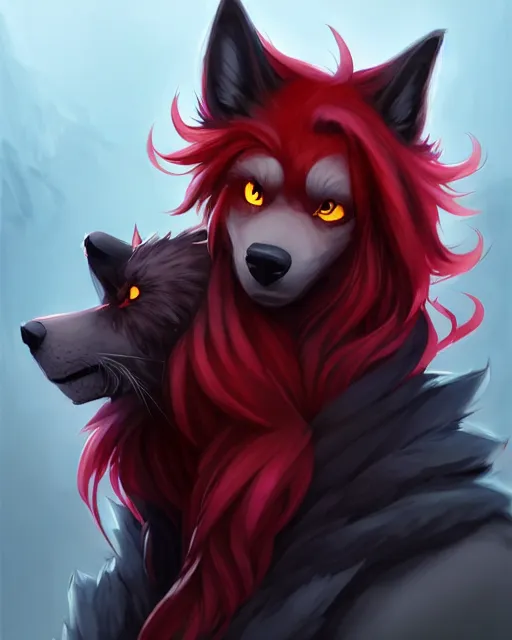 Image similar to character concept art of a black anthropomorphic furry male wolf long red hair | | cute - fine - face, pretty face, key visual, realistic shaded perfect face, fine details by stanley artgerm lau, wlop, rossdraws, james jean, andrei riabovitchev, marc simonetti, and sakimichan, trending on artstation