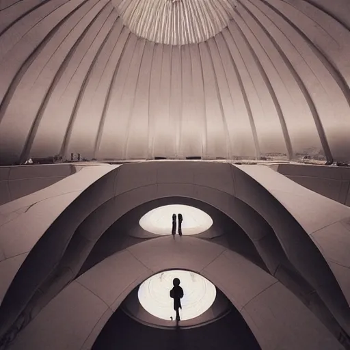 Image similar to eerie dark interior of a futuristic lotus temple with gold, red and white marble panels, shafts of sunlight in the centre, in the desert, by buckminster fuller and syd mead, intricate contemporary architecture with art nouveau motifs, photo journalism, photography, cinematic, national geographic photoshoot