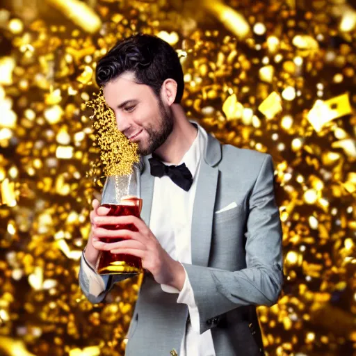 Prompt: handsome beautiful humanoid male robot with wavy dark hair holding gold bottle of champagne, elegant, red lighting, realistic, smooth, gold confetti background,