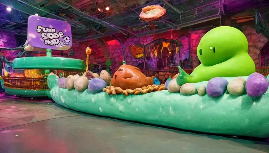 Image similar to 1990s photo of inside the Slime Friends Snow Potato Show ride at Universal Studios in Orlando, Florida, riding a hotdog through a dinner plate world, cinematic, UHD