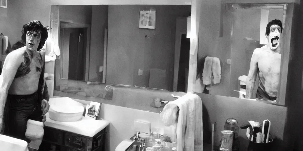 Image similar to david naughton, as david kessler from an american werewolf in london, looks at himself in a bathroom mirror to see his reflection as a monstrous wolf man, hyperreal, rick baker makeup