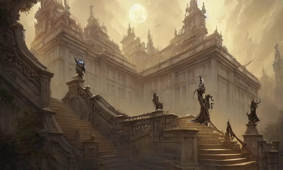 Image similar to straight staircase with ornate statues to heaven, art by greg rutkowski and peter mohrbacher, featured in artstation, octane render, cinematic, elegant, intricate, ultra detailed, rule of thirds, professional lighting, unreal engine, fantasy, concept art, sharp focus, illustration, 8 k