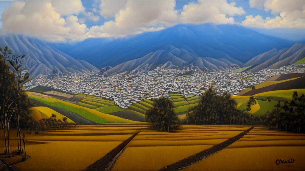 Image similar to Nuclear Nature valley blends with the City of Quito Ecuador; by Oswaldo Moncayo; oil on canvas;