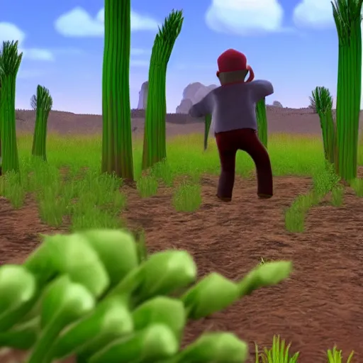 Prompt: 3d video game gameplay of man in field of giant asparagus