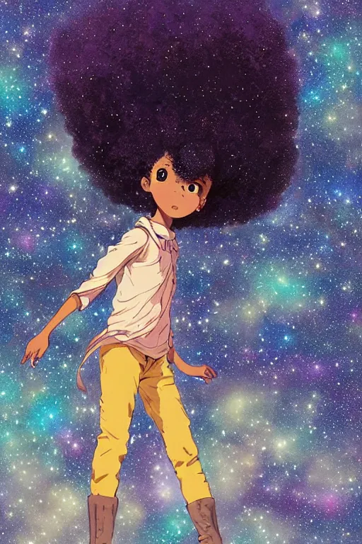 Prompt: a young black girl with a nebula afro standing at the foof of a tree made out of galaxy and stars, trending on pixiv fanbox, painted by makoto shinkai takashi takeuchi studio ghibli, akihiko yoshida, yoshitaka amano, wangechi mutu, clean cel shaded vector art, illustration, hd, 8 k