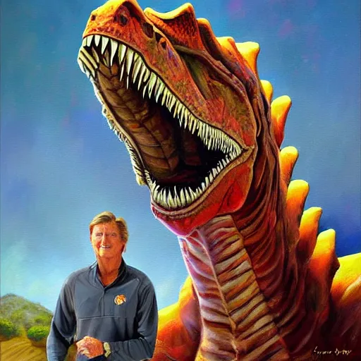 Prompt: coach steve spurrier riding a dinosaur intricate, hyper detailed, realistic, oil painting, by julie bell, frank frazetta, cinematic lighting