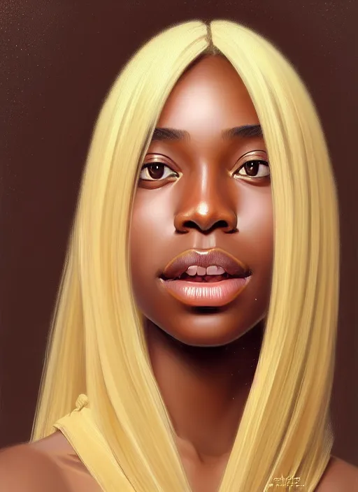 Prompt: beautiful igbo feminine face! portrait of young woman blessed by god with ever - increasing physical and mental perfection, blonde hair, symmetrical! intricate, elegant, highly detailed, vision of holy perfection!! smile, digital painting, artstation, concept art, smooth, sharp focus, illustration, art by artgerm and greg rutkowski and alphonse mucha