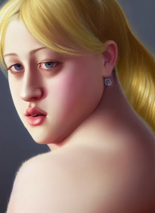 Image similar to full body portrait, teenage lili reinhart, blonde hair, obese, bangs, ponytail, sultry, realistic, sultry smirk, fluffy bangs, curly bangs, fat, belly, intricate, elegant, highly detailed, digital painting, artstation, concept art, smooth, sharp focus, illustration, art by wlop, mars ravelo and greg rutkowski