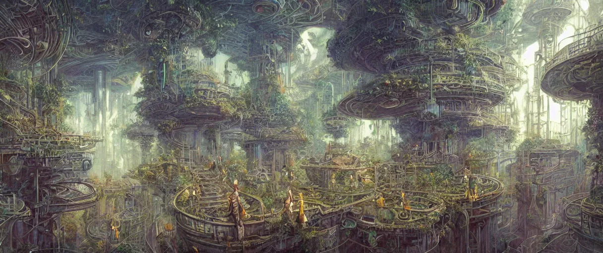 Image similar to A beautiful illustration of a retro futurism hanging garden full of people walking the pathways on another world by Daniel merriam | sparth:.2 | Time white:.3 | Rodney Matthews:.3 | Graphic Novel, Visual Novel, Colored Pencil, Comic Book:.2 | unreal engine:.3