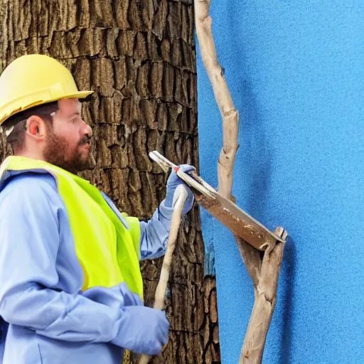 Image similar to construction worker painting a tree blue