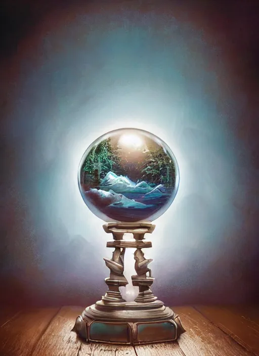 Image similar to crystal ball on a wood stand with a beautiful dreamscape inside, studio product photography, centered, super highly detailed, professional digital painting, artstation, concept art, smooth, sharp focus, extreme illustration, unreal engine 5, photorealism, beautiful, cinematic, art by artgerm and rutkowski and alphonse mucha and loish and wlop