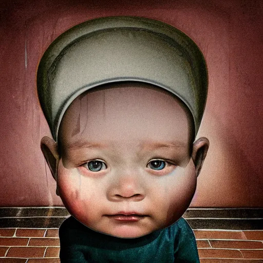 Prompt: a big head baby in floor inside a dark house, surrealism